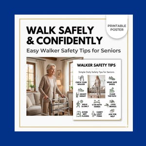 May include: Printable poster with the text "Walk Safely & Confidently" and "Easy Walker Safety Tips for Seniors." The poster includes illustrations and tips for walker safety, such as checking the walker and wearing safe shoes.