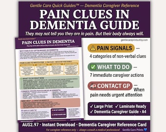 Gids voor pijnsignalen bij dementie | Pijn herkennen bij dementie: non-verbale signalen | Non-verbale Gentle Care Quick Guides™ (printbare PDF A4 voor mantelzorgers)