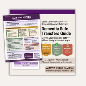 May include: A Dementia Safe Transfers Guide reference card featuring a purple header and white background. The text includes sections on transfer risks, behavior decoding, safe techniques, and equipment, with clear headings and bulleted instructions.