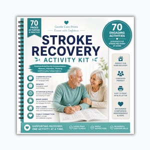 May include: A spiral-bound Stroke Recovery Activity Kit with 70 pages of purpose and practice. The cover features dark blue text, a teal circular badge, and an illustration of two older adults working on a worksheet together at a table.