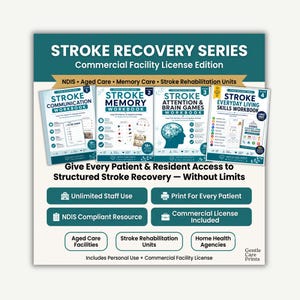 May include: A four-volume Stroke Recovery Series workbook set featuring titles for communication, memory, attention, and everyday living skills. The commercial facility license edition includes unlimited staff use and NDIS compliant resources.