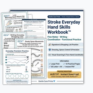 Op de afbeelding: Een wit werkboek getiteld Stroke Everyday Hand Skills Workbook met blauwe tekst en afbeeldingen. Het bevat pagina's voor handopwarming, handtekeningtraining, boodschappenlijstjes en precisieoefeningen. De omslag vermeldt functies zoals fijne motoriek, schrijven, coördinatie en functionele oefeningen, met iconen voor handtekening, aankleden en visueel scannen.