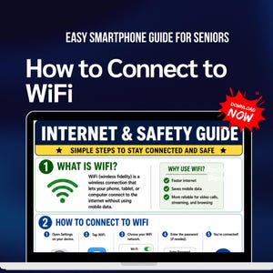 Può includere: Lo schermo di un laptop mostra una guida intitolata "Come connettersi al WiFi" per gli anziani. La guida include i passaggi per connettersi al WiFi e spiega cos'è il WiFi. Una grafica rossa "Scarica ora" si trova nell'angolo in alto a destra.