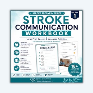 May include: A Stroke Recovery Series Volume 1 Stroke Communication Workbook featuring large print speech and language activities. The cover displays text, icons, and sample pages showing picture naming and sentence completion exercises for survivors.