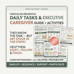 Può includere: Un kit di strumenti per caregiver di 10 pagine in PDF stampabile intitolato Vascular Dementia Daily Tasks & Executive Caregiver Guide + Activities. Il documento presenta testo in nero, verde salvia e terracotta sulle attività.