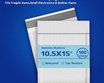 10.5x15 White Bubble Mailers, Waterproof Padded Envelopes (100 Pack)