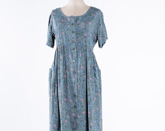 90s Vintage Eggshell Blue Floral Dress (with Flower Shaped Buttons and Pockets!)