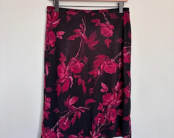 Y2K Express Black Rose Print Bias Cut Slip Skirt (Size S/M)