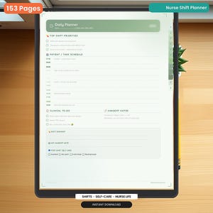 May include: A digital daily planner for nurses, with sections for shift priorities, patient schedules, clinical to-do lists, and handoff notes. The planner includes the text "Nurse Shift Planner" and "Instant Download."