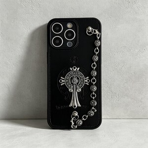 Chrome Cross Leather Phone Case with Silver Chain, Gothic Punk Wrist Strap Cover, Black Faux Leather Shockproof Case for Streetwear Fans