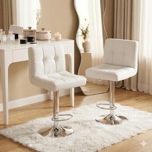 May include: Two white, adjustable height bar stools with square tufted seats and chrome bases. The stools are on a white fluffy rug, with a white vanity and mirror in the background.