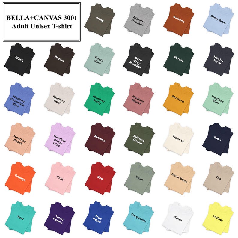 May include: A color chart for Bella+Canvas 3001 t-shirts displaying thirty-five folded shirts in various solid and heathered colors. Each shirt is labeled with its specific color name, including black, brown, forest, navy, orange, red, white, and yellow.