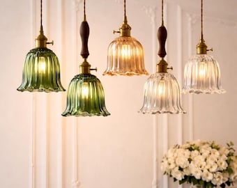 Ribbed Glass Pendant Light Vintage Fluted Hanging Lamp Kitchen Island Ceiling Fixture