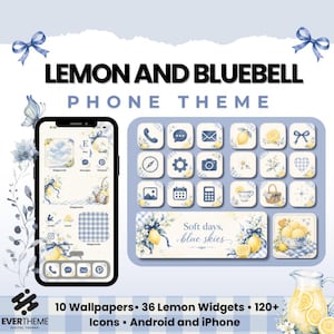 May include: A digital phone theme set titled Lemon and Bluebell featuring a smartphone display with custom icons, widgets, and wallpapers. The design includes blue and yellow lemon motifs, gingham patterns, and the text Soft days, blue skies.