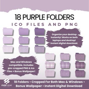 May include: An image featuring 18 purple digital folders in various shades and patterns. The text reads "18 Purple Folders, ICO Files and PNG." Additional text promotes instant digital download and compatibility with Mac and Windows. The image also includes the Evertheme logo.