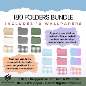 May include: Digital download graphic featuring 180 folders and 10 wallpapers. The folders are in various colors and patterns, including solid colors, polka dots, and gingham. Text includes "180 Folders Bundle" and "Includes 10 Wallpapers."