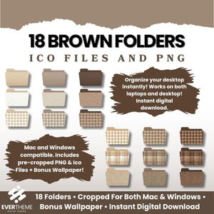 May include: An image showcasing 18 brown digital folder icons in various shades and patterns. The text reads "18 Brown Folders ICO Files and PNG." Additional text promotes instant digital download and compatibility with Mac and Windows. Includes bonus wallpaper.