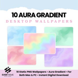 Op de afbeelding: Een digitaal product met 10 aura gradient bureaubladachtergronden. De achtergronden tonen pastelkleuren, waaronder blauw, roze, groen, paars en een regenboogverloop. De tekst luidt "10 Aura Gradient Desktop Wallpapers". Het product is voor zowel Mac als pc.
