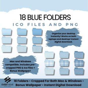 May include: An image featuring 18 blue digital folders with various patterns, including polka dots and gingham. Text reads "18 Blue Folders ICO Files and PNG." The design is compatible with Mac and Windows, offering instant digital download.