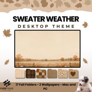 Può includere: Un tema desktop digitale intitolato SWEATER WEATHER DESKTOP THEME con uno sfondo paesaggistico autunnale, alberi e zucche. Include 17 icone di cartelle con motivi a maglia, scozzesi e a cuore, compatibile con Mac e PC.