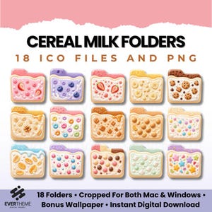 May include: A digital graphic featuring 15 colorful folder icons, each designed to resemble a different type of cereal. The folders are decorated with various fruits, cookies, and other cereal toppings. Text at the top reads "CEREAL MILK FOLDERS".