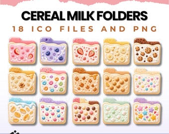 Cereal Milk Folder Icons | Cute Food Desktop Icons Pack | 18 Kawaii Cereal Folder Covers | Aesthetic Computer Icons | Mac & Windows PNG ICO
