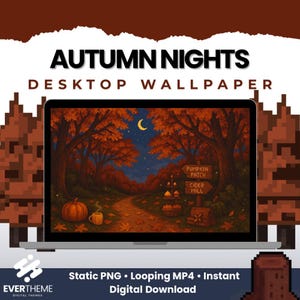 May include: A digital desktop wallpaper titled Autumn Nights featuring a pixel art forest scene at night with a crescent moon, orange trees, a pumpkin, a mug, and wooden signs pointing to a pumpkin patch and cider mill, available as a download.