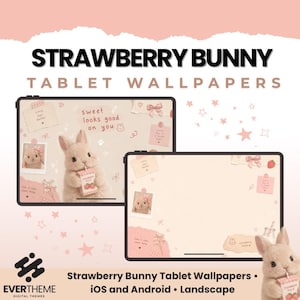 May include: Digital tablet wallpapers featuring a light brown bunny, strawberry milk cartons, pink bows, and sticky notes with the text 'sweet looks good on you'. The design includes scattered stars and paper scraps on a soft pink background for devices.