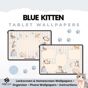 Blue Kitten Tablet Wallpaper Set, Cute Kitten iPad Theme, Cat Tablet Backgrounds, Cozy Blue Digital Wallpaper, Kawaii Cat Lockscreen PNG
