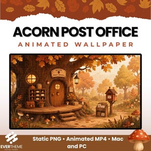Puede incluir: Un fondo de pantalla animado titulado ACORN POST OFFICE que muestra una vivienda en un tronco de árbol con puerta de madera, ventana redonda y estante de correo. Un buzón sobre un poste está cerca, rodeado de follaje otoñal y setas.