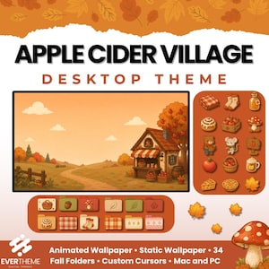 Może przedstawiać: Motyw pulpitu zatytułowany APPLE CIDER VILLAGE DESKTOP THEME zawierający jesienną tapetę w odcieniach pomarańczu, zestaw ikon z niedźwiedziem, myszą i grzybami oraz kolekcję ikon folderów z sezonowymi wzorami.