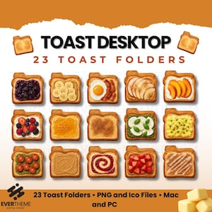 Może przedstawiać: Cyfrowa kolekcja zatytułowana TOAST DESKTOP 23 TOAST FOLDERS zawierająca piętnaście ikon w kształcie kromek tostów z różnymi dodatkami, takimi jak owoce, jajka i pasty. Zestaw zawiera pliki PNG i Ico dla systemów Mac i PC.