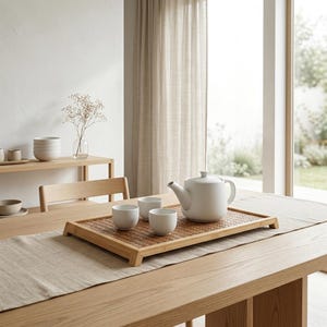 May include: A white ceramic teapot and three matching teacups sit on a bamboo tray. The tray is on a wooden table with a neutral-colored table runner. A wooden shelf with bowls and a vase with flowers is in the background.