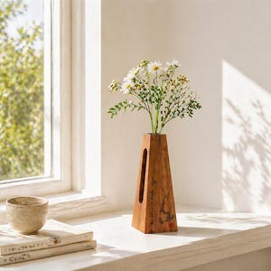 Könnte beinhalten: Eine Holzvase mit trapezförmiger Form, die einen Strauß weißer Gänseblümchen enthält. Die Vase hat eine natürliche Holzmaserung und ein Ausschnittdesign. Eine kleine Keramiktasse und Bücher befinden sich im Vordergrund.