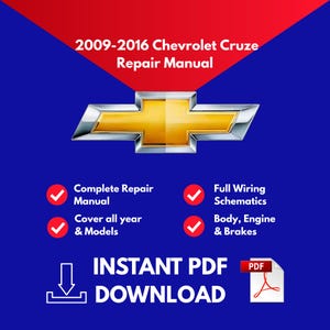 Puede incluir: Un manual de reparación digital para vehículos Chevrolet Cruze de 2009 a 2016, con el logotipo de Chevrolet en dorado y plateado. El texto incluye Complete Repair Manual, Full Wiring Schematics, Cover all year & Models, Body, Engine & Brakes e INSTANT PDF DOWNLOAD.