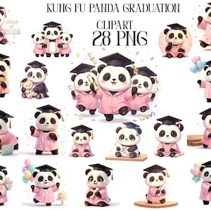 Può includere: Una collezione di 28 immagini clipart digitali raffiguranti panda che indossano tocco di laurea neri e toghe rosa. I panda sono raffigurati in varie pose, alcuni tengono diplomi, libri o palloncini, con il testo KUNG FU PANDA GRADUATION CLIPART 28 PNG.