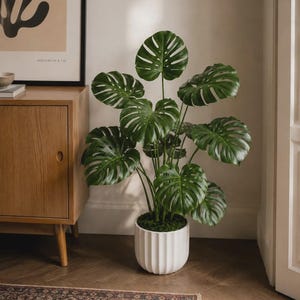 May include: A potted Monstera plant with large, deep green, split leaves arranged on slender stems. The plant is housed in a white, cylindrical ceramic pot featuring a vertical ribbed texture and a layer of green moss covering the soil surface.