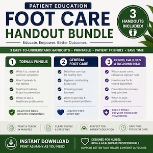 May include: A foot care handout bundle with the text "Patient Education Foot Care Handout Bundle." The bundle includes three handouts on toenail fungus, general foot care, and corns, calluses, and ingrown nails. The handouts are designed for nurses and healthcare professionals.