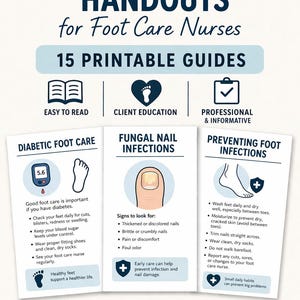 Puede incluir: Un folleto para enfermeras de cuidado de los pies con 15 guías imprimibles. La imagen presenta secciones sobre el cuidado del pie diabético, infecciones fúngicas de las uñas y prevención de infecciones del pie. Iconos: pie, corazón y libro.