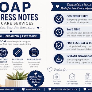 May include: A navy blue and white SOAP progress notes template for foot care services. The design includes icons, text, and the phrase "Healthy Feet, Every Step Matters." The template is designed for foot care nurses and clinics.