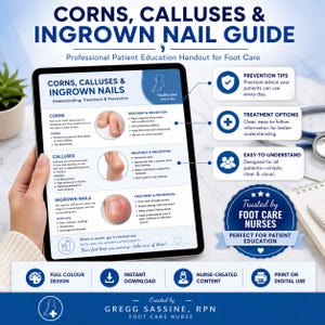 Puede incluir: Un folleto digital en una tableta, que detalla callos, callosidades y uñas encarnadas. La guía incluye consejos de prevención, opciones de tratamiento y está diseñada para la educación del paciente. El texto incluye "Trusted by Foot Care Nurses."