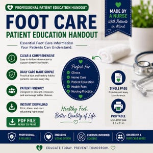 Foot Care Handout for Patients | Nurse Printable | Diabetic Foot Care Guide | Instant Download Clinic Poster | Foot Health PDF