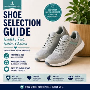Puede incluir: Un par de zapatillas deportivas grises con suelas y cordones blancos, junto a una guía titulada "Guía de selección de calzado". La guía incluye texto como "Healthy Feet, Better Choices" y "Patient Education Handout".