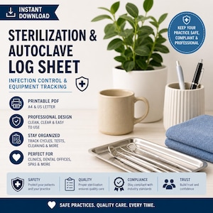 Steriliseringsloggblad i PDF-format | Utskrivbar autoklavloggbok | Infektionskontrollrapport | Steriliseringslogg för tandvård och kliniker | Omedelbar nedladdning