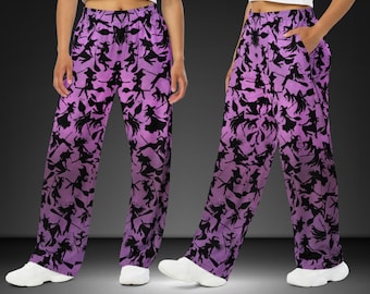 Pantalones de pijama unisex de pierna ancha con estampado integral de brujas moradas