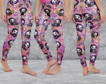 Pastel Goth Grim Reaper Yoga Leggings: Kawaii Skulls, Ghosts, Bats