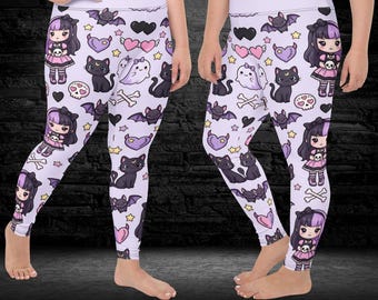 Pastellfärgade Goth Girl-leggings med heltäckande tryck i stora storlekar