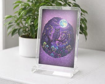 Figura acrílica de búho nocturno con paisaje lunar / figura de cartón cortada a medida