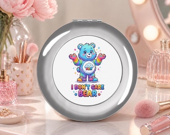 I Don't Care Bear Cartoon Compact Travel Makeup Mirror