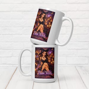 May include: Two white ceramic mugs stacked, each with a colourful illustration of a woman in a witch hat and dress, and the text "Basic Witch". The background includes candles, a skull, and a crescent moon.